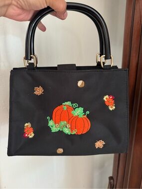 Black Fall or Halloween Bag with Embroidered Orange Pumpkin Accent